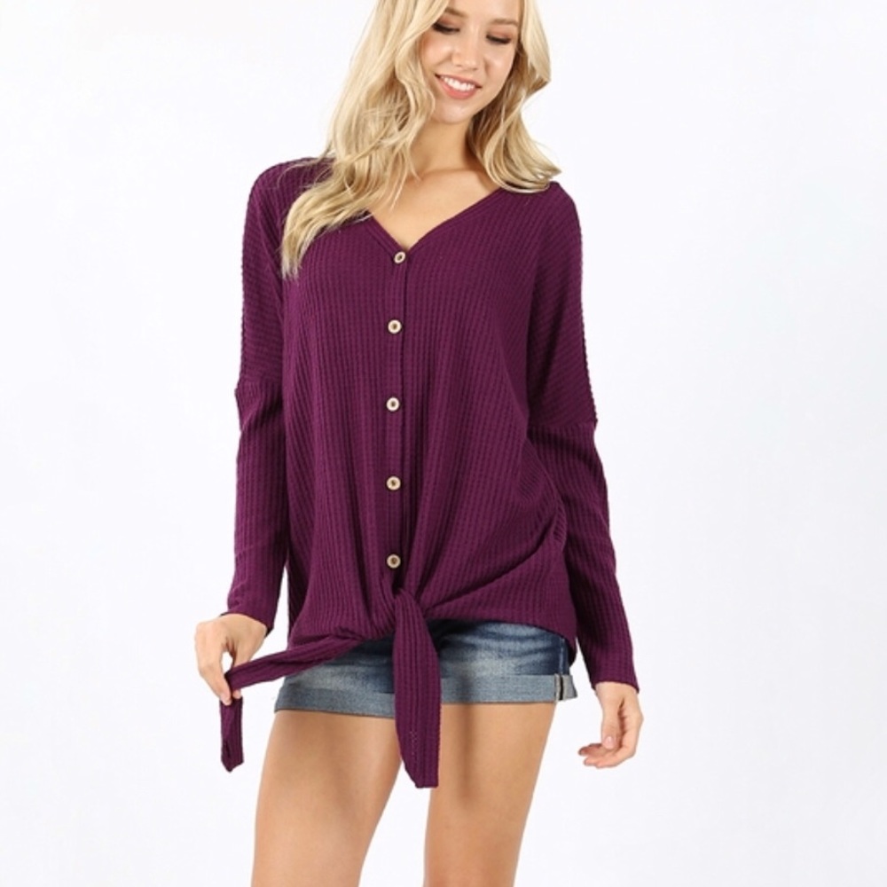LAST Burgundy Waffle Knit Knot Front Sweater 23001 - Picture 7 of 8